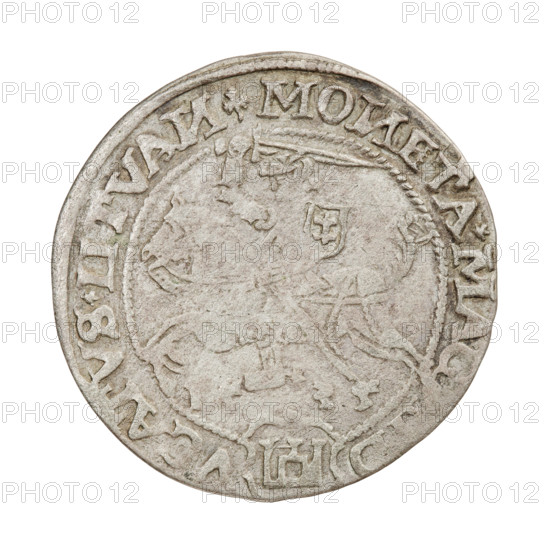 Lithuanian grosz, Sigismund I the Old (King of Poland; 1506–1548). R8 (rarity). Polish coin of the Jagiellon dynasty. Obverse: Polish crowned eagle; rim between pearl borders with inscription: *SIGISMV, DVS*P, R, X*PO, *D*LITVA, IE*. Reverse: Pogon ( charging knight) turned to the left; below year 15–35; rim between pearl borders with inscription beginning with a trefoil, divided at the bottom by a shield with the Column coat of arms: MO, ETA*MAGNI D - VCATVS*LITVA, 1535. Grand Duchy of Lithuania; Poland; struck in Vilnius. Coin; diameter 25.3–25.8 mm; weight 2.4 g., A circular coin with a worn metallic surface showing shades of silver, gray, and light beige, featuring an embossed central design of a lion in profile surrounded by a braided circular border and a ring of raised decorative elements around the edge, with several raised figures and shield-like shapes integrated into the central area and along the inner border; the outer rim shows a sequence of raised ornamental characters a...