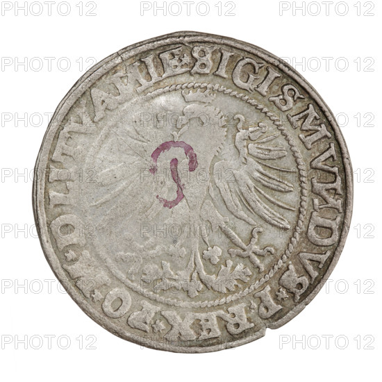 Lithuanian grosz, Sigismund I the Old (King of Poland; 1506–1548). Obverse: Polish crowned eagle; in the rim between pearl borders an inscription: SIGISMV, DVS*P*REX*PO*M*D LITVA, IE. Reverse: Pogon (Lithuanian coat of arms) turned to the left, below the year 15–35; in the rim between pearl borders an inscription starting with a trefoil, divided at the bottom shield with the Column coat of arms: MO, ET, MAG, ID - VCATVS.LITVA, 1535. Grand Duchy of Lithuania, Poland; Vilnius. Coin; diameter 26.4–26.5 mm; weight 2.5 g. R8 (rarity); Polish, Jagiellon dynasty; coats of arms, eagles., A circular metallic coin with a worn, textured surface showing a raised design of a bird with outstretched wings in the center and ornamental details around its lower body; the rim has a raised border with repeated decorative elements. The coin surface shows areas of discoloration and patina in shades of gray, off-white, and light brown, and there is a visible irregular mark in a pinkish-purple color near the ...
