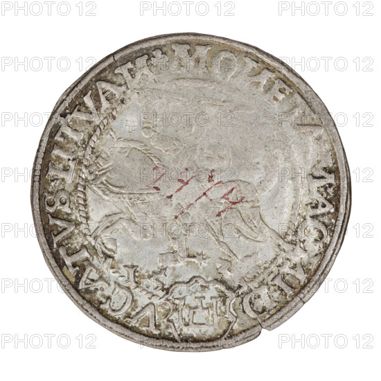 Lithuanian grosz, Sigismund I the Old (King of Poland; 1506–1548). Obverse: Polish crowned eagle, rim between pearl borders with inscription SIGISMV, DVS*P*REX*PO*M*D LITVA, IE. Reverse: Pogon (Lithuanian coat of arms) turned left, below year 15-35, rim between pearl borders with inscription beginning with a trefoil, divided at the bottom by a shield with the Column coat of arms: MO, ET, MAG, ID - VCATVS.LITVA, 1535. Grand Duchy of Lithuania / Poland; coin (grosz). Diameter ~26.4–26.5 mm; weight 2.5 g. R8 (rarity). Polish; Jagiellon dynasty; coats of arms; eagles., A round metallic object with a worn, uneven surface showing a few areas of discoloration and patina in shades of grey, silver, and muted brown, with traces of faint red markings on the central area; the edge is slightly raised and irregular with a small chip, and there are incised decorative elements and relief shapes including curved lines and embossed motifs that form a circular border and interior figures.