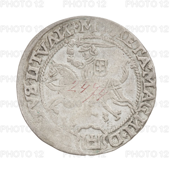 Lithuanian grosz, Sigismund I the Old (king of Poland; 1506–1548). R8 (rarity). Polish coin of the Jagiellon dynasty featuring coats of arms and eagles. Obverse: Polish Eagle with a crown; in the rim between pearl borders an inscription: GISMV, DVS*P*RE, O*M*D*LITVA. Reverse: Pursuit (Pogonia) turned left, below year 15–35; in the rim between pearl borders an inscription beginning with a trefoil, divided at the bottom by a shield with the Column coat of arms: . M, ETA*MAG, I*D -, VS*LITVA, 1535. Poland, Grand Duchy of Lithuania, Vilnius. Coin; diameter 25.5–25.8 mm; weight 2.37 g.