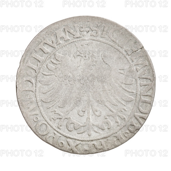 Lithuanian grosz, Sigismund I the Old (king of Poland; 1506–1548). R8 (rarity). Obv.: Polish Eagle with a crown; in the rim between pearl borders an inscription beginning with a trefoil: . SIGI, MVNDVS.P, REX.PO.MDLITVAN Rev.: Pursuit turned left, below year 15 - 35; in the rim between pearl borders an inscription beginning with a trefoil, divided at the bottom by a shield with the Column coat of arms: . MONETA.MAGNI. - .DVCATVS.LITVAN, 1535. Grand Duchy of Lithuania, Vilnius, Poland. Coin; dia. 25.5–25.9 mm; weight 2.22 g. Subjects/ motifs: eagles; Polish coins; Jagiellons (dynasty); coats of arms; Eagle (coat of arms); Pursuit (coat of arms).