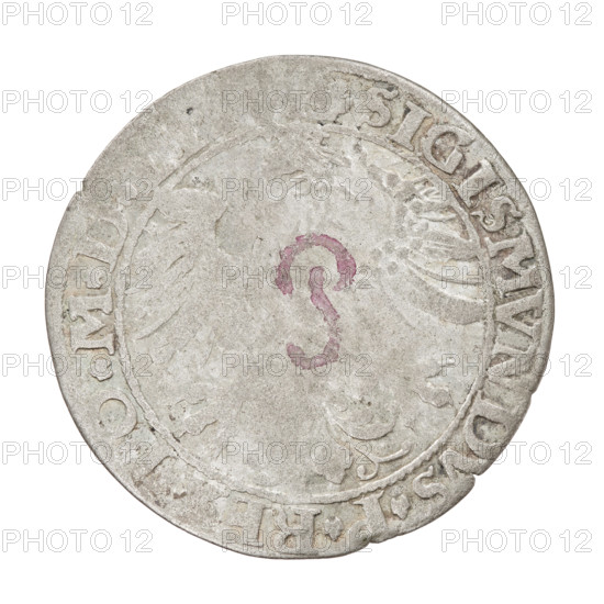 Lithuanian grosz, Sigismund I the Old (king of Poland; 1506–1548). R8 (rarity). Obv.: Polish Eagle with a crown; in the rim between pearl borders an inscription beginning with a trefoil, between the words of the trefoils: . SIGISMVNDVS.P.REX, PO.MD. Rev.: Pursuit (Pahonia) turned left; under the horse on the right the letter S, below the year .1, - .3., .; in the rim between the pearl borders an inscription beginning with a trefoil, divided at the bottom by a shield with the Column's coat of arms, between the words of the trefoils: . MONETA.MAGNI, -, ATVS.LI, 1535. Grand Duchy of Lithuania, Vilnius, Poland. Coin. Diameter 26.1–26.6 mm. Weight 2.25 g. Subjects/ motifs: eagles; Jagiellon dynasty; coats of arms; Eagle (coat of arms); Pursuit (coat of arms; Lithuania)., A worn round coin with a matte silver-gray surface showing a raised circular border and faintly embossed decorative shapes including a pair of wing-like forms; a faded purplish-pink curved mark is visible near the center; t...