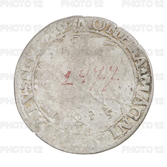 Lithuanian grosz, Sigismund I the Old (king of Poland; 1506–1548). R8 (rarity). Obverse: Polish crowned Eagle; in rim between pearl borders an inscription beginning with a trefoil, between the words of the trefoils: . SIGISMVNDVS.P.REX, PO.MD. Reverse: Pursuit (mounted horseman) turned left; under the horse on the right the letter S, below the year .1, - .3., ., in rim between the pearl borders an inscription beginning with a trefoil, divided at the bottom by a shield with the Column's coat of arms, between the words of the trefoils: . MONETA.MAGNI, -, ATVS.LI, 1535. Grand Duchy of Lithuania, Vilnius. Polish–Lithuanian coin. Diameter 26.1–26.6 mm. Weight 2.25 g., A round, worn metallic object with a weathered surface showing shades of gray, off-white, and hints of brown and greenish tarnish; a faded area of red pigment is visible near the center; the edge shows an embossed band and raised decorative ridges around the perimeter; surface irregularities include scratches, small pits, and ...