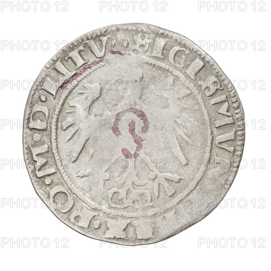 Lithuanian grosz, Sigismund I the Old (King of Poland; 1506–1548). Obverse: Polish crowned eagle; rim between pearl-shaped borders with inscription SIGISMVN. X.PO.MDLITV. Reverse: Pogon (Lithuanian coat of arms) facing left; below the year 1536; rim between pearl-shaped borders with inscription MONETA.MAGN - I.DVCA.LITV. 1536. Grand Duchy of Lithuania, Vilnius. Coin (Poland), dia. 25.6–26.1 mm, weight 2.29 g. R8 (rarity). Coats of arms; eagles; Jagiellon dynasty; Polish coins.