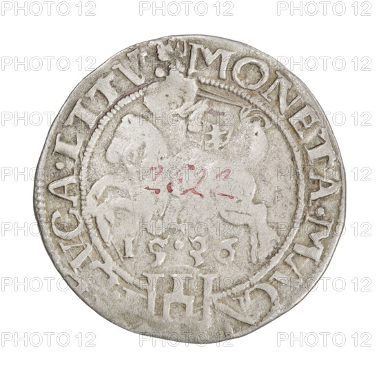 Lithuanian grosz, Sigismund I the Old (King of Poland; 1506–1548). Obverse: Polish crowned eagle; rim between pearl-shaped borders with inscription 'SIGISMVN, X.PO.MDLITV.' Reverse: Pogon (Lithuanian coat of arms) turned left, below the year 1536; rim between pearl-shaped borders with inscription divided at the bottom by the Columns of Gediminas: 'MONETA.MAGN - I.DVCA.LITV.' 1536. Grand Duchy of Lithuania, Vilnius. Coin (Polish-Lithuanian), Jagiellon dynasty; coats of arms present. Diameter ca. 25.6–26.1 mm; weight 2.29 g. Rarity: R8., A circular metallic coin with a worn surface showing a raised rim and a central round field; the metal appears silver-gray with patches of darker gray and slight brownish tarnish. In the center there is a faint raised motif of a heraldic shield flanked by two stylized animals, all in the same silver-gray tone and showing wear; a few small reddish marks are visible on top of the central motif. Around the central field there is a raised border and a band w...