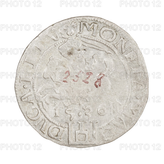 Lithuanian grosz, Sigismund I the Old (King of Poland; 1506–1548). Obverse: Polish crowned eagle; rim between pearl-shaped borders with inscription 'SIGISMVN.P.REX.PO.MDLITVA'. Reverse: Pogon (Lithuanian coat of arms) facing left, below year 1536; rim between pearl-shaped borders with inscription beginning with a trefoil, divided at the bottom by the Column coat of arms: 'MONETA.MAG - DVCA.LITV'. 1536. Grand Duchy of Lithuania, Vilnius, Poland. Coin; diameter 25.2–25.8 mm; weight 2.29 g. R8 (rarity); eagles; Jagiellonians (dynasty); coats of arms.
