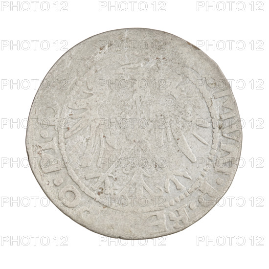 Lithuanian grosz, Sigismund I the Old (king of Poland; 1506–1548). Obverse: Polish Eagle with a crown; in the rim between pearl borders an inscription: ISMVNDVS.P.RE, PO.MD. Reverse: Pursuit (Pahonia) turned left, below year 15-36; in the rim between pearl borders an inscription beginning with a trefoil, divided at the bottom by the Column coat of arms: ., AG -, A.LITVANI, 1536. Jagiellon dynasty; coats of arms: Eagle and Pursuit. Grand Duchy of Lithuania, Vilnius, Poland. Coin; diameter 25.0–25.5 mm; weight 2.22 g; R8 (rarity).
