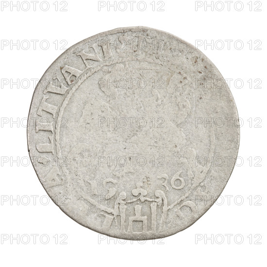 Lithuanian grosz, Sigismund I the Old (king of Poland; 1506–1548). Obverse: Polish eagle with crown; rim between pearl borders inscribed ISMVNDVS.P.RE, PO.MD. Reverse: Pursuit (Pogon) turned left; below year 15-36; rim between pearl borders with inscription beginning with a trefoil, divided at the bottom by the Column coat of arms: ., AG -, A.LITVANI, 1536. Jagiellon dynasty; coats of arms: Eagle (Poland), Pogon (Lithuania). Grand Duchy of Lithuania, Vilnius, Poland. Coin (silver), diameter ~25.0–25.5 mm, weight 2.22 g, R8 (rarity).