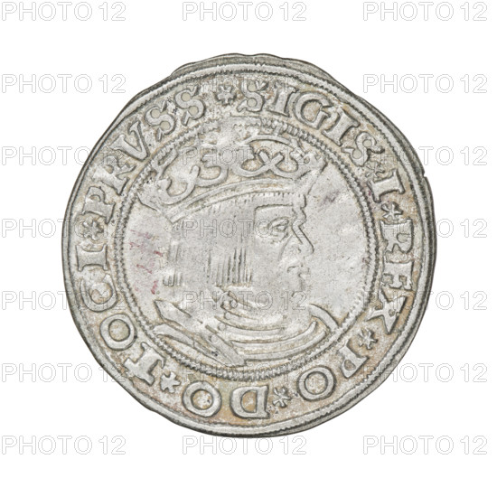 Prussian grosz, Sigismund I the Old (King of Poland; 1506–1548). Obverse: Crowned male bust in profile turned to the right; in the rim between pearl borders an inscription: .SIGIS.I.REX.PO.DO.TOCI.PRVSS. Reverse: Eagle of Royal Prussia; in the rim between pearl borders the inscription: .GROSS.COMV.TERR.PRVSS.15Z8. 1528. Torun, Poland. Coin. Diameter 23.2–24.0 mm. Weight 1.85 g. Categories: eagles, coats of arms, Eagle (coat of arms), royal bust (iconographic), Sigismund I the Old — iconography, male busts, Jagiellonians (dynasty), Polish coins.