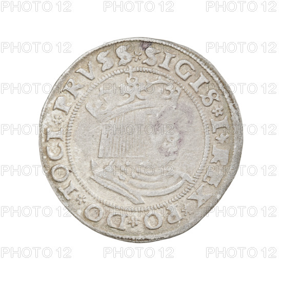 Prussian grosz, Sigismund I the Old (King of Poland; 1506–1548). Obverse: Crowned male bust in profile turned to the right; in the rim between the pearly borders an inscription: .SIGIS.I.REX.PO.DO.TOCI.PRVSS. Reverse: Eagle of Royal Prussia; in the rim between the pearl borders the inscription: .GROSS.COMV.TERR.PRVSS. 1529. Poland, Torun. Coin. Diameter 22.5–23.0 mm; weight 1.76 g. Subjects: eagles, coats of arms, royal bust, Jagiellonian dynasty; R8 (rarity).