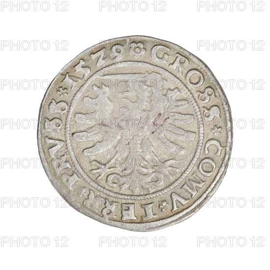 Prussian grosz, Sigismund I the Old (King of Poland; 1506–1548). Obverse: Crowned male bust in profile turned to the right; in the rim between the pearly borders an inscription: .SIGIS.I.REX.PO.DO.TOCI.PRVSS. Reverse: Eagle of Royal Prussia; in the rim between the pearly borders the inscription: .GROSS.COMV.TERR.PRVSS. Date: 1529. Place: Torun, Poland. Metal: coin. Diameter: 22.5–23.0 mm. Weight: 1.76 g. Motifs: eagles, coats of arms, royal bust; style/iconography associated with the Jagiellonian dynasty and Sigismund I the Old. Rarity: R8.