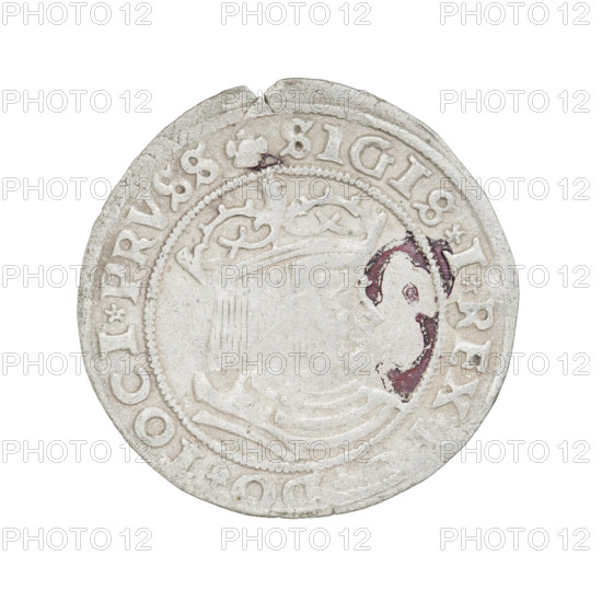 Prussian grosz, Sigismund I the Old (King of Poland; 1506–1548). R8 (rarity). Obverse: Crowned male bust in profile turned to the right; in the rim between pearly borders inscription: .SIGIS.I.REX., .DO.TOCI.PRVSS. Reverse: Eagle of Royal Prussia; in the rim between pearl borders inscription: .GROSS.COMV.TERR.PRVS. Date: 1529. Place: Torun, Poland. Type: coin (grosz). Diameter: 22.8–23.0 mm. Weight: 1.95 g. Subjects/attributes: eagles; coats of arms; royal bust; Jagiellonians (dynasty); male busts; inscriptions.