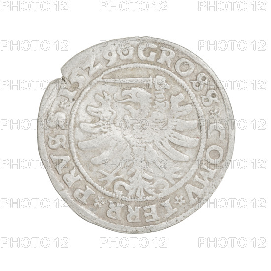 Prussian grosz, Sigismund I the Old (King of Poland; 1506–1548). Obverse: Crowned male bust in profile turned to the right, rim inscription: .SIGIS.I.REX. .DO.TOCI.PRVSS. Reverse: Eagle of Royal Prussia, rim inscription: .GROSS.COMV.TERR.PRVS. Date: 1529. Material: coin. Place: Torun, Poland. Diameter: ~22.8–23.0 mm. Weight: 1.95 g. Style/subjects: royal bust, eagles, coats of arms; Jagiellonian dynasty iconography; male busts; rarity R8.