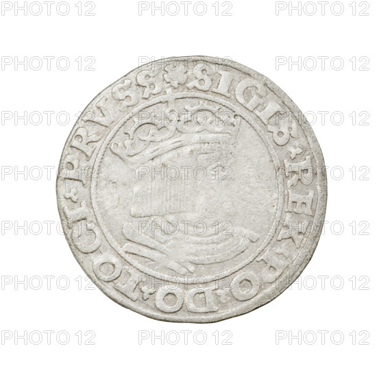 Prussian grosz, Sigismund I the Old (King of Poland; 1506–1548). Obverse: Crowned male bust in profile turned to the right; in the rim between the pearl borders an inscription: .SIGIS.REX.PO.DO.TOCI.PRVSS. Reverse: The Eagle of Royal Prussia; in the rim between the pearl borders the inscription: GROS.COMV.TERR.PRVS.1530. Date: 1530. Place: Torun, Poland. Materials/format: coin. Diameter: 22.4–22.7 mm. Weight: 1.8 g. Iconography: royal bust, eagle (coat of arms). Attributes: R8 (rarity), eagles, Polish coins, Jagiellonians (dynasty), coats of arms, male busts, Sigismund I the Old — iconography.