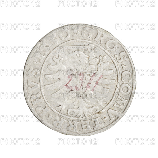 Prussian grosz, Sigismund I the Old (King of Poland; 1506–1548). Obverse: Crowned male bust in profile turned to the right; in the rim between pearly borders the inscription: .SIGIS.REX.PO.DO.TOCI.PRVSS. Reverse: The Eagle of Royal Prussia; in the rim between pearl borders the inscription: GROS.COMV.TERR.PRVS.1530. Date: 1530. Place: Torun, Poland. Type: coin. Diameter: 22.4–22.7 mm. Weight: 1.8 g. Features: eagles, coats of arms, royal bust, Jagiellonian dynasty iconography, male busts.