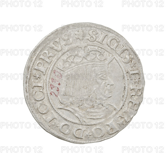 Prussian grosz, Sigismund I the Old (King of Poland; 1506–1548). Obv.: Crowned male bust in profile turned to the right; in the rim between pearly borders an inscription: .SIGIS.I.REX.PO.DO.TOCI.PRV. Rev.: The Eagle of Royal Prussia; in the rim between the pearl borders the inscription: .GROSS.COMV.TERR.PRVS.1530. Date: 1530. Poland, Torun. Coin, diameter 22.7–23.0 mm, weight 2.05 g. Subjects/attributes: eagles, coats of arms, royal bust, male busts; dynasty: Jagiellonians; rarity R8.