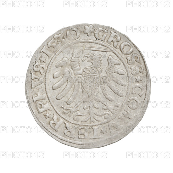 Prussian grosz, Sigismund I the Old (King of Poland; 1506–1548). Obv.: Crowned male bust in profile turned to the right; in the rim between pearly borders an inscription: .SIGIS.I.REX.PO.DO.TOCI.PRV. Rev.: The Eagle of Royal Prussia; in the rim between pearl borders the inscription: .GROSS.COMV.TERR.PRVS.1530. 1530. Poland, Torun. Coin, diameter 22.7–23.0 mm, weight 2.05 g. Features: eagles, coats of arms, royal bust iconography, male busts; Jagiellonians (dynasty).