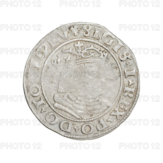 Prussian grosz, Sigismund I the Old (King of Poland; 1506–1548). Obverse: Crowned male bust in profile turned to the right; in the rim between pearly borders the inscription: .SIGIS.I.REX.PO.DO.TO. Reverse: The Eagle of Royal Prussia; in the rim between the pearl borders the inscription: G, OSS.COMV.TERR.PRVS.1530. Date: 1530. Place: Torun, Poland. Coin; diameter 22.3–22.7 mm; weight 1.77 g. Subjects: eagles, Jagiellonian dynasty coats of arms, royal bust (iconography), male busts; iconography of Sigismund I the Old. Rarity: R8.