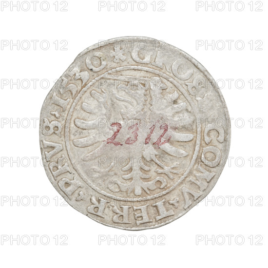 Prussian grosz, Sigismund I the Old (King of Poland; 1506–1548). Obverse: crowned male bust in profile turned to the right; in the rim between pearly borders an inscription: .SIGIS.I.REX.PO.DO.TO. Reverse: the Eagle of Royal Prussia; in the rim between pearl borders the inscription: G.OSS.COMV.TERR.PRVS.1530. Date: 1530. Place: Torun, Poland. Material: coin. Diameter: 22.3–22.7 mm. Weight: 1.77 g. Subjects/attributes: eagles, coats of arms, royal bust, male bust, Jagiellonian dynasty.