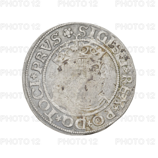 Prussian grosz, Sigismund I the Old (King of Poland; 1506–1548). Obverse: Crowned male bust in profile turned to the right; in the rim between the pearl borders an inscription: .SIGIS.I.REX.PO.DO.TOCI.PRVS. Reverse: The Eagle of Royal Prussia; in the rim between the pearl borders the inscription: .GROSS.COMV.TERR.PRVSS.1530. Date: 1530. Place: Torun, Poland. Type: coin. Diameter: 22.5–23.0 mm. Weight: 1.95 g. Iconography/subjects: eagles, coats of arms, royal bust, male busts; dynasty: Jagiellonians. Rarity: R8.