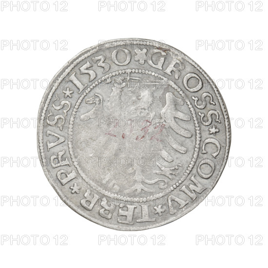 Prussian grosz, Sigismund I the Old (King of Poland; 1506–1548). R8 (rarity). Themes: eagles, Polish coins, Jagiellonians (dynasty), coats of arms, Eagle (coat of arms), royal bust (iconographic), Sigismund I the Old — iconography, male busts. Obverse: Crowned male bust in profile turned to the right; in the rim between the pearl borders an inscription: .SIGIS.I.REX.PO.DO.TOCI.PRVS. Reverse: The Eagle of Royal Prussia; in the rim between the pearl borders the inscription: .GROSS.COMV.TERR.PRVSS.1530. Date: 1530. Place: Torun, Poland. Coin. Diameter: 22.5–23.0 mm. Weight: 1.95 g.