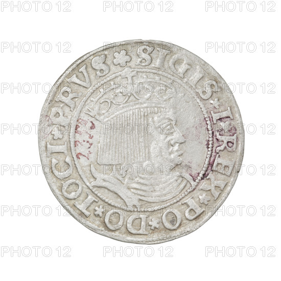 Prussian grosz, Sigismund I the Old (King of Poland; 1506–1548). Obverse: Crowned male bust in profile turned to the right; in the rim between the pearl borders an inscription: .SIGIS.I.REX.PO.DO.TOCI.PRVS. Reverse: The Eagle of Royal Prussia; in the rim between the pearl borders the inscription: .GROSS.COMV.TERR.PRVSS.1531. Date: 1531. Place: Torun, Poland. Material: coin. Diameter: 22.9–23.1 mm. Weight: 2.09 g. Subjects/themes: eagles, coats of arms, royal bust, male busts; style/period: Jagiellonian dynasty iconography.