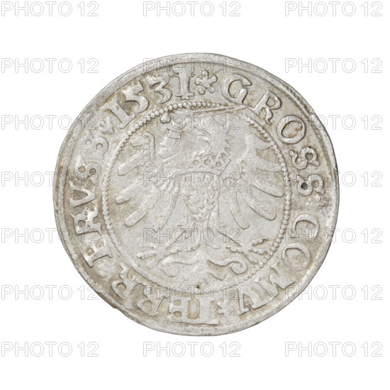 Prussian grosz, Sigismund I the Old (King of Poland; 1506–1548). Obverse: Crowned male bust in profile turned to the right; in the rim between the pearl borders an inscription: .SIGIS.I.REX.PO.DO.TOCI.PRVS. Reverse: The Eagle of Royal Prussia; in the rim between the pearl borders the inscription: .GROSS.COMV.TERR.PRVSS.1531. 1531. Poland, Torun. Coin, diameter 22.9–23.1 mm, weight 2.09 g. Subjects/attributes: eagles, coats of arms, royal bust (iconography), male busts; style/period: Jagiellonians (dynasty).