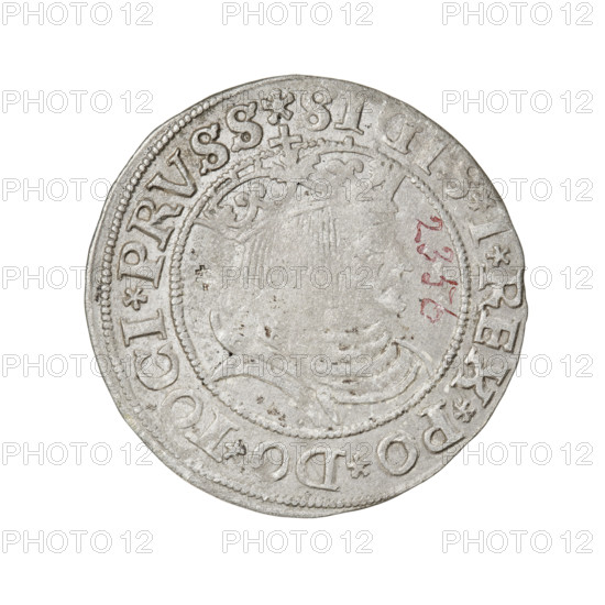 Prussian grosz, Sigismund I the Old (King of Poland; 1506–1548), R8 (rarity); eagles; Polish coins; Jagiellonians (dynasty); coats of arms; Eagle (coat of arms); royal bust (iconographic); Sigismund I the Old (King of Poland; 1467–1548) - iconography; male busts. Obv.: Crowned male bust in profile turned to the right, in the rim between the pearl borders an inscription: .SIGIS.I.REX.PO.DO.TOCI.PRVSS. Rev.: The Eagle of Royal Prussia, in the rim between the pearl borders the inscription: .GROSS.COMV.TERR.PRVS.1531. Date: 1531. Place: Torun, Poland. Coin; diameter 22.7–23.0 mm; weight 2 g.