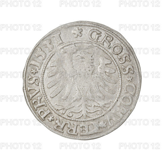 Prussian grosz, Sigismund I the Old (King of Poland; 1506–1548). Obverse: Crowned male bust in profile turned to the right; in the rim between the pearl borders an inscription: .SIGIS.I.REX.PO.DO.TOCI.PRVSS. Reverse: The Eagle of Royal Prussia; in the rim between the pearl borders the inscription: .GROSS.COMV.TERR.PRVS.1531. Date: 1531. Place: Torun, Poland. Coin; diameter 22.7–23.0 mm; weight 2 g. Subjects: eagles; coats of arms; royal bust; male busts. Style/period: Jagiellonian dynasty. Rarity: R8.