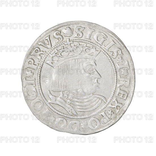 Prussian grosz, Sigismund I the Old (King of Poland; 1506–1548). Obverse: Crowned male bust in profile turned to the right; in the rim between the pearl borders an inscription: .SIGIS.I.REX.PO.DO., OCI.PRVS. Reverse: The Eagle of Royal Prussia; in the rim between the pearl borders the inscription: .GROSS.COMV.TERR.PRVSS.1531. Date: 1531. Place: Torun, Poland. Coin; diameter 22.5–22.8 mm; weight 2.06 g. Subjects/attributes: eagles, coats of arms, royal/male busts; iconography of Sigismund I the Old; Jagiellonian dynasty. R8 (rarity).