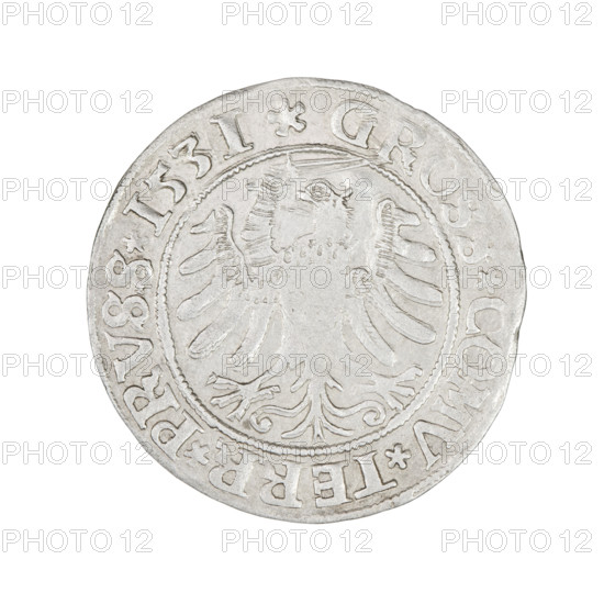 Prussian grosz, Sigismund I the Old (King of Poland; 1506–1548). Obverse: Crowned male bust in profile turned to the right; rim inscription: .SIGIS.I.REX.PO.DO. Reverse: The Eagle of Royal Prussia; rim inscription: .GROSS.COMV.TERR.PRVSS.1531. Date: 1531. Place: Torun, Poland. Material: coin. Diameter: ~22.5–22.8 mm. Weight: 2.06 g. Subjects/themes: eagles, Jagiellonian dynasty, coats of arms, royal/male busts; iconography of Sigismund I. Rarity: R8.