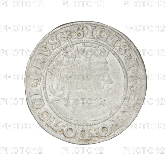 Prussian grosz, Sigismund I the Old (King of Poland; 1506–1548). Obverse: Crowned male bust in profile turned to the right; in the rim between pearly borders an inscription: .SIGIS.IR, .PO.DO.TOCI.PRVS. Reverse: The Eagle of Royal Prussia; in the rim between pearl borders the inscription: .GROSS.COMV.TE, .PRVSS.153Z. Date: 1532. Place: Torun, Poland. Material: coin. Diameter: 23.0–23.3 mm. Weight: 2 g. Subjects/styles: eagles, coats of arms, royal bust, Jagiellonian dynasty, male busts; iconography of Sigismund I the Old. Rarity: R8.