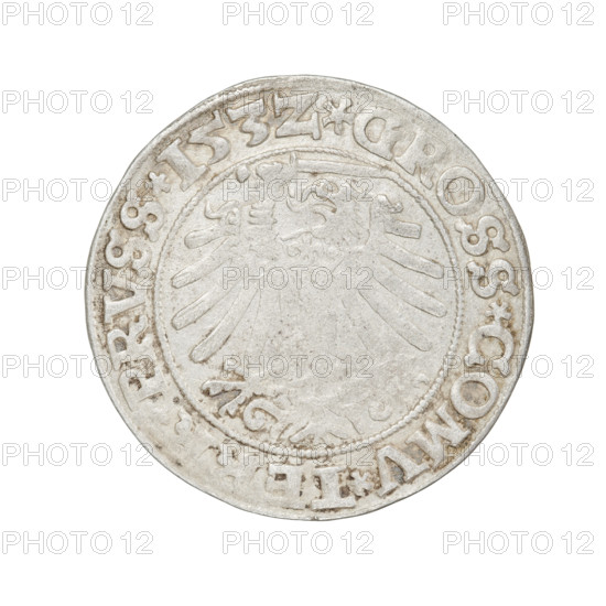 Prussian grosz, Sigismund I the Old (King of Poland; 1506–1548). R8 (rarity). Features eagles, Polish coins, Jagiellonian dynasty coats of arms. Iconography: crowned royal male bust in profile turned to the right (obverse), inscription in rim between pearly borders: .SIGIS.IR, .PO.DO.TOCI.PRVS. Reverse: The Eagle of Royal Prussia, in the rim between pearl borders the inscription: .GROSS.COMV.TE, .PRVSS.153Z. Date: 1532. Place: Torun, Poland. Coin; diameter ~23.0–23.3 mm; weight 2 g.