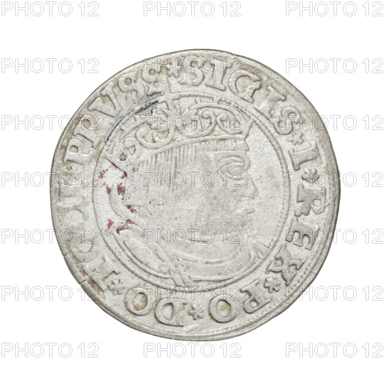 Prussian grosz, Sigismund I the Old (King of Poland; 1506–1548). Obverse: Crowned male bust in profile turned to the right; in the rim between the pearly borders an inscription: .SIGIS.I.REX.PO.DO.TOCI.PRVSS. Reverse: The Eagle of Royal Prussia; in the rim between the pearl borders the inscription: .GROSS.COMV.TERR.PR. SS.153Z. Date: 1532. Place: Torun, Poland. Material: coin. Diameter: 23.4–23.8 mm. Weight: 1.82 g. Subjects/styles: eagles; coats of arms; royal bust; male busts; Jagiellonians (dynasty); iconography of Sigismund I the Old. R8 (rarity).