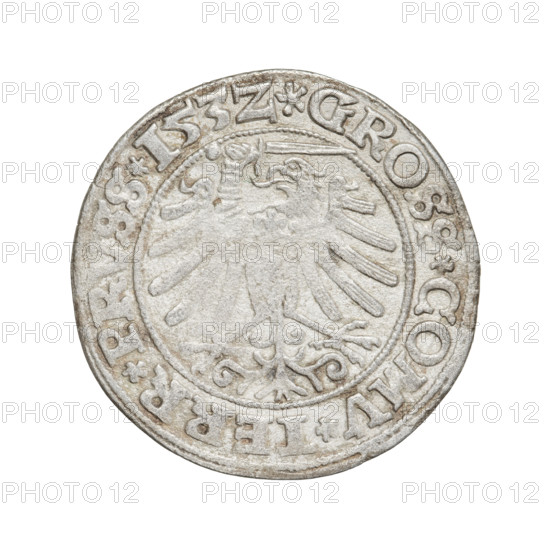 Prussian grosz, Sigismund I the Old (King of Poland; 1506–1548), R8 (rarity), eagles, Polish coins, Jagiellonians (dynasty), coats of arms, Eagle (coat of arms), royal bust (iconographic), Sigismund I the Old (King of Poland; 1467–1548) - iconography, male busts. Obv.: Crowned male bust in profile turned to the right; in the rim between the pearly borders an inscription: .SIGIS.I.REX.PO.DO.TOCI.PRVSS. Rev.: The Eagle of Royal Prussia; in the rim between the pearl borders the inscription: .GROSS.COMV.TERR.PR. SS.153Z. 1532. Poland, Torun. Coin. Diameter 23.4–23.8 mm. Weight 1.82 g.