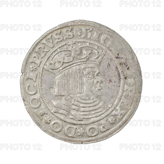Prussian grosz, Sigismund I the Old (King of Poland; 1506–1548). R8 (rarity). Obverse: Crowned male bust in profile turned to the right; in the rim between the pearl borders an inscription: .SIG, X.PO.DO.TOCI.PRVSS. Reverse: The Eagle of Royal Prussia; in the rim between the pearl borders the inscription: .GROSS.COMV.TE. S.15Z8. Date: 1528. Place: Torun, Poland. Coin. Diameter 23.5 mm; weight 1.97 g. Subjects/attributes: eagles, coats of arms, Jagiellonian dynasty, royal bust, male busts, iconography of Sigismund I the Old.