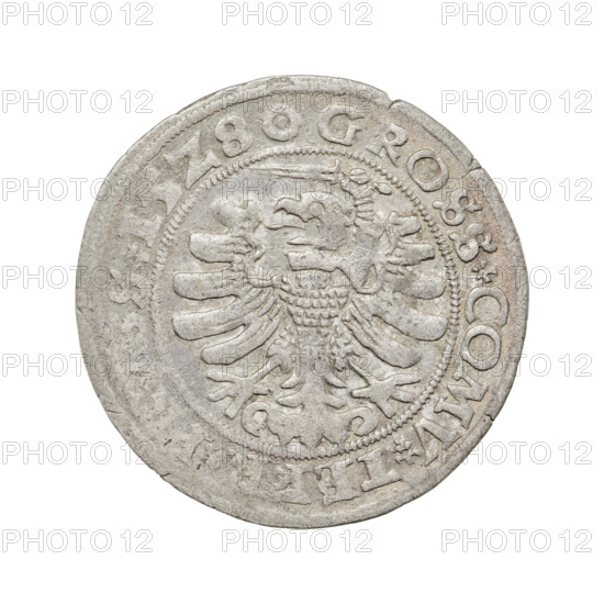 Prussian grosz, Sigismund I the Old (King of Poland; 1506–1548), R8 (rarity), eagles, Polish coins, Jagiellonians (dynasty), coats of arms, Eagle (coat of arms), Sigismund I the Old (King of Poland; 1467–1548) - iconography, royal bust (iconographic), male busts. Obv.: Crowned male bust in profile turned to the right; in the rim between the pearl borders an inscription: .SIG, X.PO.DO.TOCI.PRVSS. Rev.: The Eagle of Royal Prussia; in the rim between the pearl borders the inscription: .GROSS.COMV.TE. S.15Z8. Date: 1528. Place: Torun, Poland. Medium: coin. Diameter: 23.5 mm. Weight: 1.97 g.