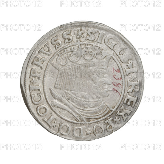 Prussian grosz, Sigismund I the Old (King of Poland; 1506–1548). Obverse: Crowned male bust in profile turned to the right; in the rim between pearl borders the inscription: .SIGIS.I.REX.PO.DO.TOCI.PRVSS. Reverse: The Eagle of Royal Prussia; in the rim between the pearl borders the inscription: .GROSS.COMV.TERR.PRVSSI. Date: 1532, Torun, Poland. Material: coin. Diameter: 23.0–23.8 mm. Weight: 2.1 g. R8 (rarity). Subjects/attributes: eagles, Polish coins, Jagiellonians (dynasty), coats of arms, male/royal bust; iconography of Sigismund I the Old.