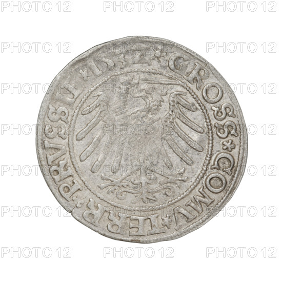 Prussian grosz, Sigismund I the Old (King of Poland; 1506–1548). Obverse: Crowned male bust in profile turned to the right; in the rim between the pearly borders an inscription: .SIGIS.I.REX.PO.DO.TOCI.PRVSS. Reverse: The Eagle of Royal Prussia; in the rim between the pearl borders the inscription: .GROSS.COMV.TERR.PRVSSI. Date: 1532, Torun, Poland. Materials/medium: coin. Diameter: 23.0–23.8 mm. Weight: 2.1 g. R8 (rarity). Subjects/ motifs: eagles, coats of arms, royal bust, male busts; Jagiellonians (dynasty); Sigismund I the Old — iconography.