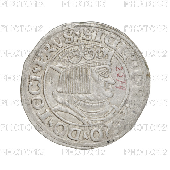 Prussian grosz, Sigismund I the Old (King of Poland; 1506–1548). Obv.: Crowned male bust in profile turned to the right; in the rim between pearly borders an inscription: .SIGIS., X.PO.DO.TOCI.PRVS. Rv.: The Eagle of Royal Prussia; in the rim between the pearl borders the inscription: .GROSS.COM, R.PRVSS.153Z. 1532, Torun, Poland. Coin; diameter 23.5–24.3 mm; weight 1.95 g. Icons: eagles, coats of arms, male/royal bust; style: Jagiellonian. R8 (rarity).