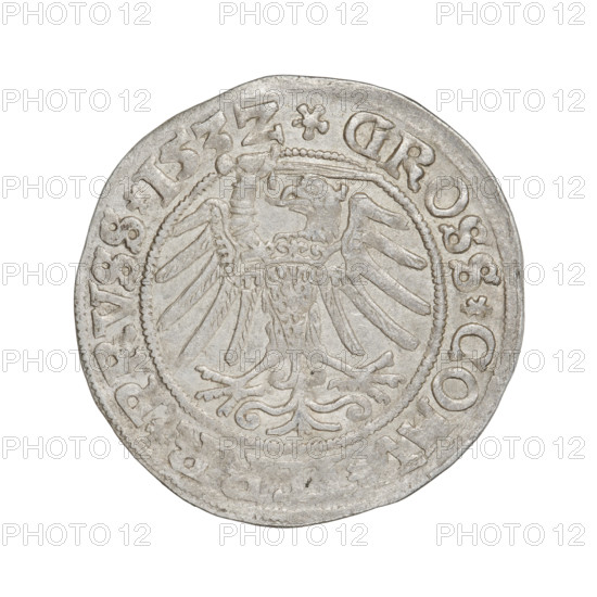 Prussian grosz, Sigismund I the Old (King of Poland; 1506–1548). Obverse: Crowned male bust in profile turned to the right; in the rim between pearly borders an inscription: .SIGIS., X.PO.DO.TOCI.PRVS. Reverse: The Eagle of Royal Prussia; in the rim between the pearl borders the inscription: .GROSS.COM, R.PRVSS.153Z. Date: 1532, Torun, Poland. Coin. Diameter: 23.5–24.3 mm. Weight: 1.95 g. R8 (rarity). Subjects/attributes: eagles, coats of arms, male/royal bust; Jagiellonians (dynasty); Sigismund I iconography.