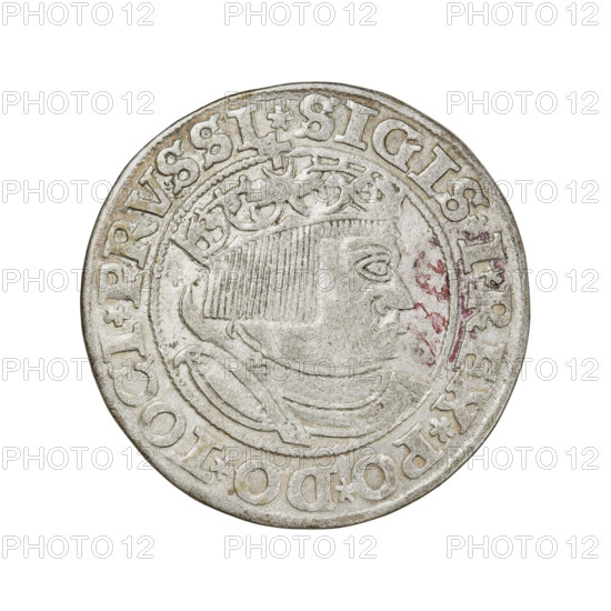 Prussian grosz of Sigismund I the Old (King of Poland; 1506–1548). Obverse: Crowned male bust in profile turned to the right; in the rim between pearly borders an inscription: .SIGIS.I.REX.PO.DO.TOCI.PRVSSI. Reverse: The Eagle of Royal Prussia; in the rim between the pearl borders the inscription: .GROSS.COMV.TERR.PRVSS.153Z. 1532, Torun, Poland. Coin; diameter 23.3 mm; weight 1.97 g. References Sigismund I iconography; Jagiellonian dynasty; coats of arms; eagle (coat of arms); royal male busts. R8 (rarity).