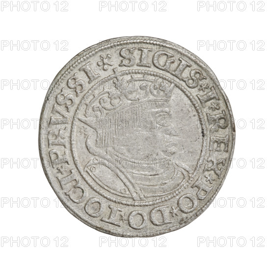 Prussian grosz, Sigismund I the Old (King of Poland; 1506–1548), R8 (rarity), eagles, Polish coins, Jagiellonians (dynasty), coats of arms, Eagle (coat of arms), male busts, royal bust, Sigismund I the Old (King of Poland; 1467–1548) — iconography. Obv.: Crowned male bust in profile turned to the right; in the rim between the pearl borders an inscription: .SIGIS.I.REX.PO.DO.TOCI.PRVSSI. Rev.: The Eagle of Royal Prussia; in the rim between the pearl borders the inscription: .GROSS.COMV.TERR.PRVSS.153Z. Date: 1532. Mint: Torun, Poland. Coin; diameter 23.0–23.6 mm; weight 1.9 g.
