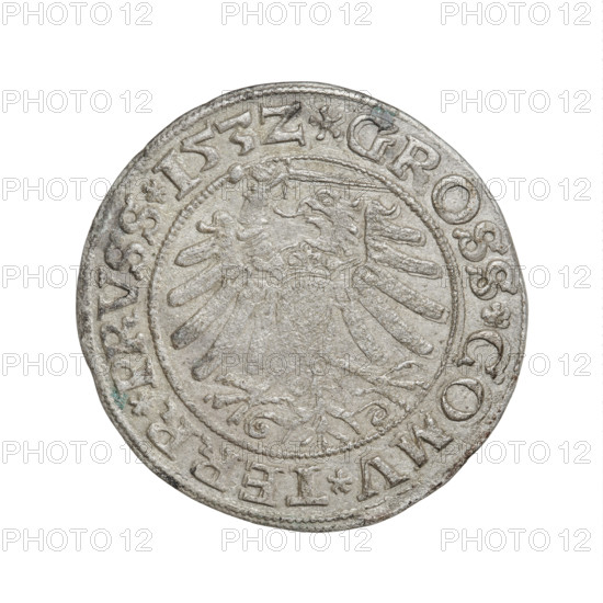Prussian grosz, Sigismund I the Old (King of Poland; 1506–1548), R8 (rarity), eagles, Polish coins, Jagiellonians (dynasty), coats of arms, Eagle (coat of arms), male busts, royal bust, Sigismund I the Old (King of Poland; 1467–1548) - iconography. Obv.: Crowned male bust in profile turned to the right; in the rim between the pearl borders an inscription: .SIGIS.I.REX.PO.DO.TOCI.PRVSSI. Rev.: The Eagle of Royal Prussia; in the rim between the pearl borders the inscription: .GROSS.COMV.TERR.PRVSS.153Z. 1532, Torun, Poland. Coin, diameter 23.0–23.6 mm, weight 1.9 g.