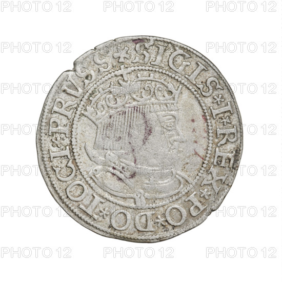 Prussian grosz, Sigismund I the Old (King of Poland; 1506–1548). Obverse: Crowned male bust in profile turned to the right; inscription in rim between pearl borders: .SIGIS.I.REX.PO.DO.TOCI.PRVSS. Reverse: The Eagle of Royal Prussia; inscription in rim between pearl borders: .GROSS.COMV.TERR.PRVSSIE.1533. 1533, Torun, Poland. Coin; diameter 23.0–23.4 mm, weight 1.99 g. R8 (rarity). Subjects/features: eagles, coats of arms, male/royal bust, Jagiellonians (dynasty), iconography of Sigismund I the Old.