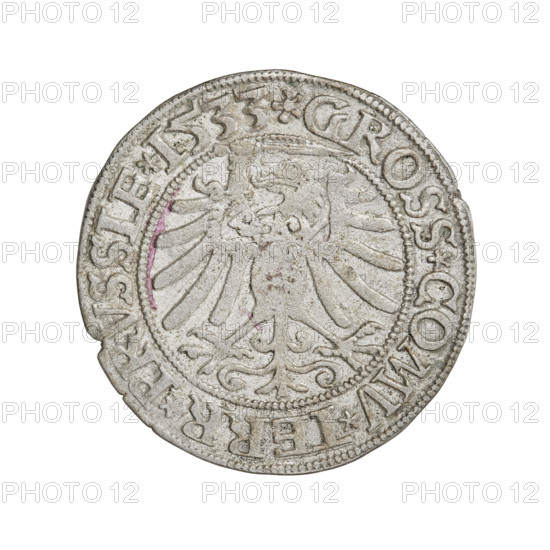Prussian grosz, Sigismund I the Old (King of Poland; 1506–1548). R8 (rarity). Obv.: Crowned male bust in profile turned to the right; in the rim between pearly borders an inscription: .SIGIS.I.REX.PO.DO.TOCI.PRVSS. Rev.: The Eagle of Royal Prussia; in the rim between the pearl borders the inscription: .GROSS.COMV.TERR.PRVSSIE.1533. 1533, Torun, Poland. Coin; diameter 23.0–23.4 mm; weight 1.99 g.