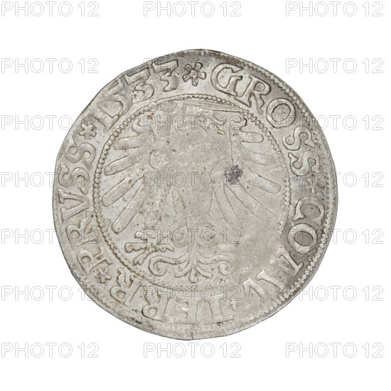 Prussian grosz, Sigismund I the Old (King of Poland; 1506–1548). R8 (rarity). Features eagles, Jagiellonian dynasty coats of arms, male/royal bust, Sigismund I the Old iconography. Obverse: Crowned male bust in profile facing right; rim inscription: .SIGIS.I.REX.PO.DO.TOCI.PRVS. Reverse: The Eagle of Royal Prussia; rim inscription: .GROSS.COMV.TERR.PRVSS.1533. Date: 1533, Torun, Poland. Coin; diameter 23.0–23.5 mm; weight 1.94 g.