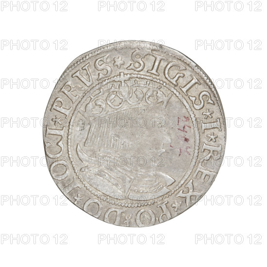 Prussian grosz, Sigismund I the Old (King of Poland; 1506–1548). Obverse: Crowned male bust in profile turned to the right; in the rim between pearly borders the inscription 'SIGIS·I·REX·PO·DO·TOCI·PRVS'. Reverse: The Eagle of Royal Prussia; in the rim between the pearly borders the inscription 'GROSS·COMV·TERR·PRVSSIE·1533'. 1533, Torun, Poland. Coin; diameter 21.7–22.0 mm; weight 1.86 g.