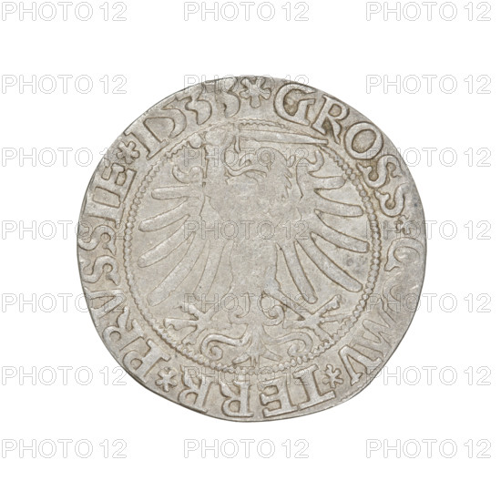 Prussian grosz, Sigismund I the Old (King of Poland; 1506–1548). Obverse: Crowned male bust in profile turned to the right; in the rim between pearly borders an inscription: .SIGIS.I.REX.PO.DO.TOCI.PRVS. Reverse: The Eagle of Royal Prussia; in the rim between pearly borders the inscription: .GROSS.COMV.TERR.PRVSSIE.1533. Date: 1533, Torun, Poland. Coin; diameter 21.7–22.0 mm; weight 1.86 g. Styles/themes: eagles, Jagiellonians (dynasty), coats of arms, royal bust, iconography of Sigismund I the Old. R8 (rarity).
