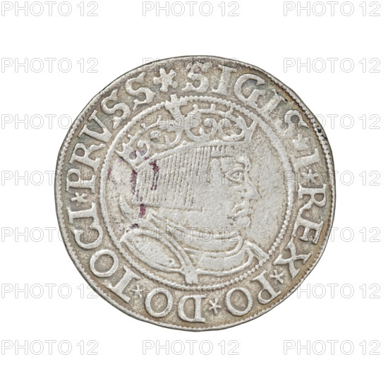 Prussian grosz, Sigismund I the Old (King of Poland; 1506–1548). Rarity R8. Obverse: Crowned male bust in profile turned to the right; in the rim between the pearl borders an inscription: .SIGIS.I.REX.PO.DO.TOCI.PRVSS. Reverse: The Eagle of Royal Prussia; in the rim between the pearl borders the inscription: .GROSS.COMV.TERR.PRVSSIE.1533. Date: 1533, Torun, Poland. Materials/format: coin; diameter 22.5–23.0 mm; weight 1.74 g. Subjects/themes: eagles, coats of arms, royal/male busts, Jagiellonian dynasty; iconography of Sigismund I the Old.
